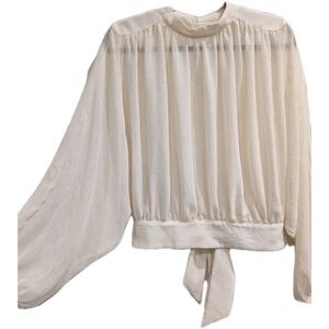 Womens High Neck Ruched Crinkle Blouse S Edwardian Sheer Open Back Bow Dolman